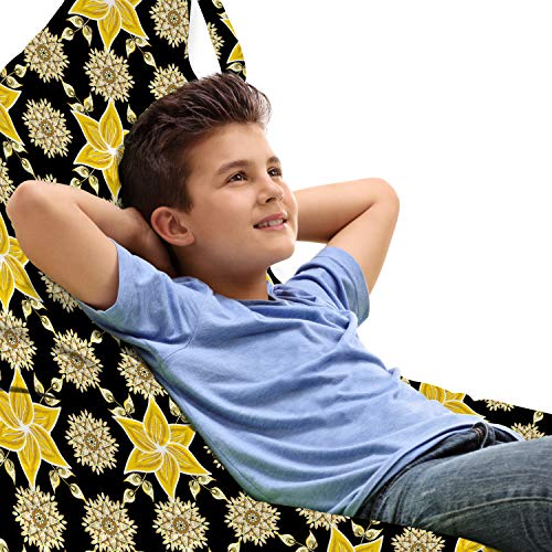 Lunarable Yellow Medallion Lounger Chair Bag, Star Like Shaped Flowers Pattern on Dark Tone Backdrop, High Capacity Storage with Handle Container, Lounger Size, Charcoal Grey Pale Yellow