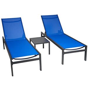 lymjard patio chaise lounge 3 pcs aluminum lounge chair sets outdoor 5 position adjustable, all weather for pool beach patio backyard lawn and garden,side table included (blue textilene)
