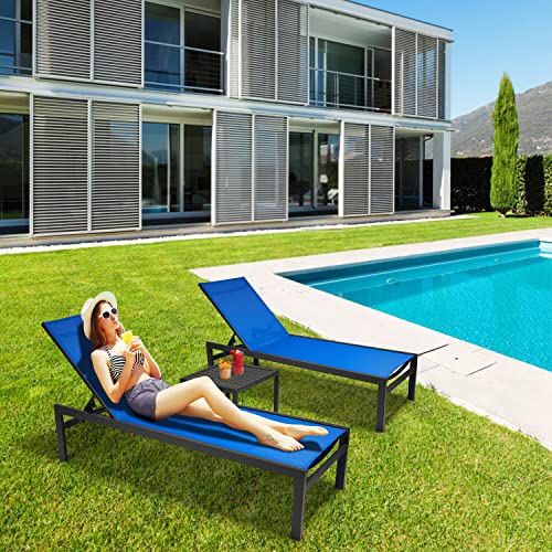 LYMJARD Patio Chaise Lounge 3 Pcs Aluminum Lounge Chair Sets Outdoor 5 Position Adjustable, All Weather for Pool Beach Patio Backyard Lawn and Garden,Side Table Included (Blue Textilene)