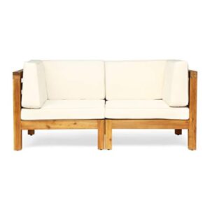 great deal furniture dawson outdoor sectional loveseat set – 2-seater – acacia wood – outdoor cushions – teak and beige
