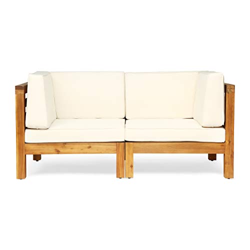 Great Deal Furniture Dawson Outdoor Sectional Loveseat Set - 2-Seater - Acacia Wood - Outdoor Cushions - Teak and Beige