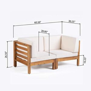 Great Deal Furniture Dawson Outdoor Sectional Loveseat Set - 2-Seater - Acacia Wood - Outdoor Cushions - Teak and Beige