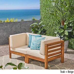 Great Deal Furniture Dawson Outdoor Sectional Loveseat Set - 2-Seater - Acacia Wood - Outdoor Cushions - Teak and Beige