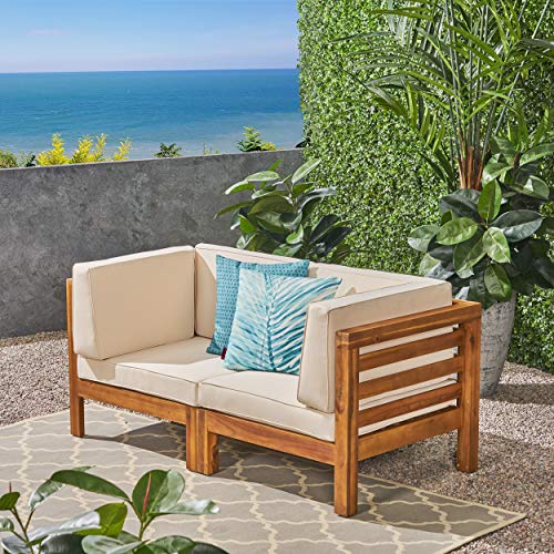 Great Deal Furniture Dawson Outdoor Sectional Loveseat Set - 2-Seater - Acacia Wood - Outdoor Cushions - Teak and Beige