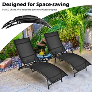 Giantex Set of 2 Patio Chaise Lounge Chairs, with 5-Level Adjustable Backrest, Armrests, Fast-Drying Fabric, Foldable and Stackable Lounger for Poolside, Backyard Outdoor Chaise Recliner,Black
