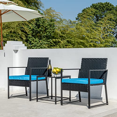 Aug-guan Patio Furniture Set,Wicker Bistro Set 3 Pieces Outdoor Furniture,Rattan Table and Patio Chairs Set for Balcony,Yard,Porch and Deck (Blue)