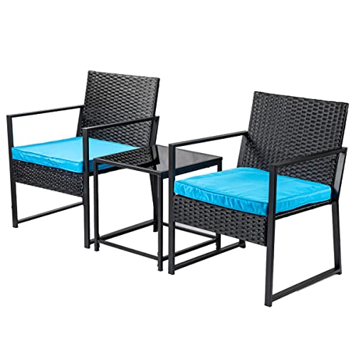 Aug-guan Patio Furniture Set,Wicker Bistro Set 3 Pieces Outdoor Furniture,Rattan Table and Patio Chairs Set for Balcony,Yard,Porch and Deck (Blue)