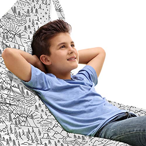 Lunarable Landscape Lounger Chair Bag, Camping Theme Elements of Nature Mauntains Waterfalls Tents Sun and Moon, High Capacity Storage with Handle Container, Lounger Size, Charcoal Grey White
