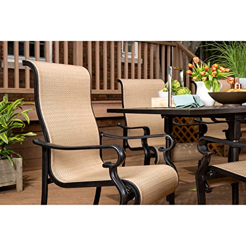 Hanover Brigatine 7-Piece Modern Patio Dining Set with 6 Quick-Dry Tan Sling Chairs and 40"x70" Square Cast-Top Table, All-Weather Outdoor Furniture Set for Backyard and Deck