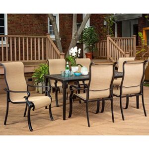 Hanover Brigatine 7-Piece Modern Patio Dining Set with 6 Quick-Dry Tan Sling Chairs and 40"x70" Square Cast-Top Table, All-Weather Outdoor Furniture Set for Backyard and Deck