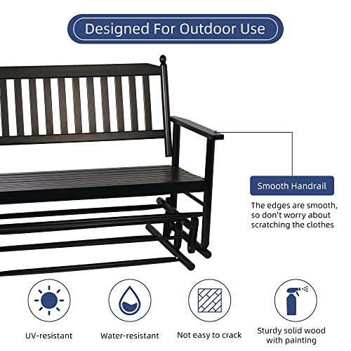 LUCKYERMORE Patio Glider Swing Bench 2-Person Garden Rocking Seating for Outdoor, Wooden Porch Loveseat Chair for Outside, Backyard, Poolside, Garden, Black