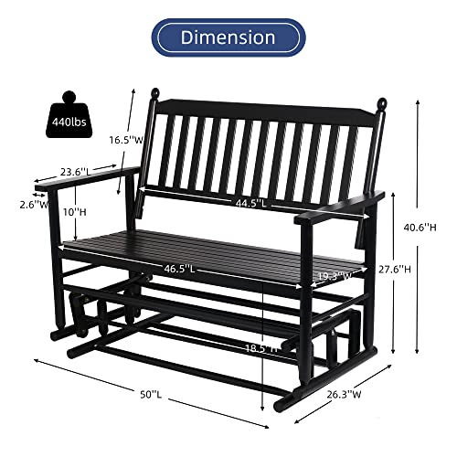LUCKYERMORE Patio Glider Swing Bench 2-Person Garden Rocking Seating for Outdoor, Wooden Porch Loveseat Chair for Outside, Backyard, Poolside, Garden, Black