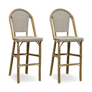 PURPLE LEAF French Bar Stools Set of 2 Bamboo Print Finish Patio Bar Stools with Back Rattan Bar Chairs Wicker Bar Height Stool 30" with Footrest Kitchen Island Stools Outdoor Barstool Grey