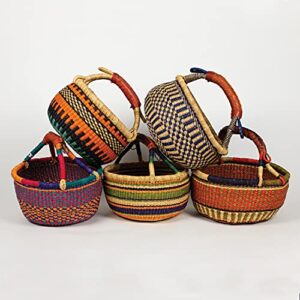 bolga zaare market basket, handmade in ghana africa by women artisans (colorful, small) (10″-11″ diameter x 6″-7″ h) (1 basket)
