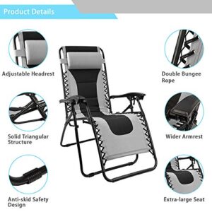Homall Zero Gravity Chair Patio Padded Recliner Outdoor Oversized Portable Lounge Chair Adjustable Lawn Folding Chair with Headrest (Grey)