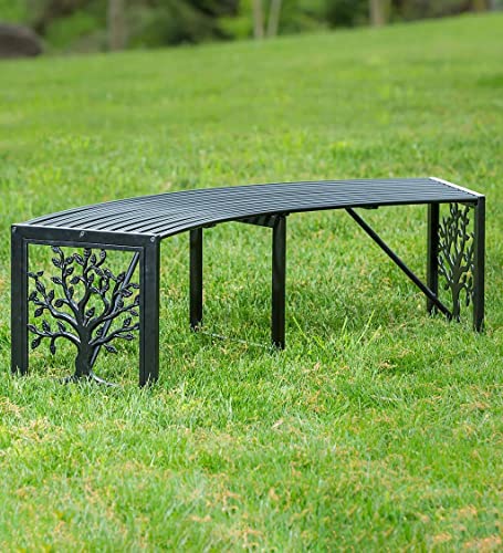 Plow & Hearth Weatherproof Tree of Life Outdoor Backless Curved Bench | Holds Up to 300 lbs | Garden Patio Porch Park Deck | Metal | Black | 55" L x 15½"W x 16" H