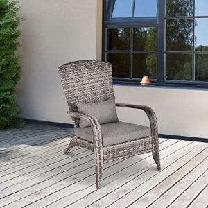 Outsunny Patio Wicker Adirondack Chair, Outdoor All-Weather Rattan Fire Pit Chairs w/Soft Cushions, Tall Curved Backrest, and Comfortable Armrest for Deck or Garden, Grey