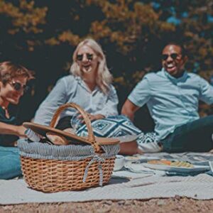 PICNIC TIME - Disney Mickey & Minnie Mouse - Country Vintage Picnic Basket with Lid - Wicker Picnic Basket for 2, (Navy Blue & White Stripe)