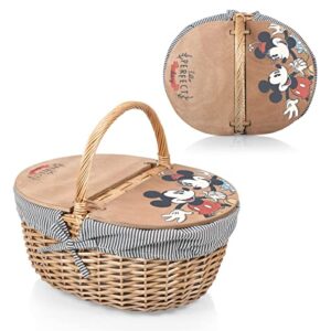 PICNIC TIME - Disney Mickey & Minnie Mouse - Country Vintage Picnic Basket with Lid - Wicker Picnic Basket for 2, (Navy Blue & White Stripe)