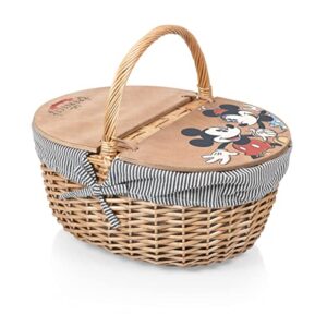 PICNIC TIME - Disney Mickey & Minnie Mouse - Country Vintage Picnic Basket with Lid - Wicker Picnic Basket for 2, (Navy Blue & White Stripe)