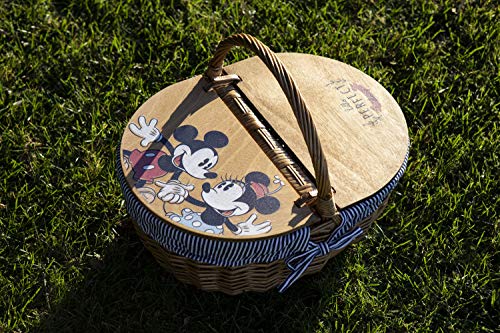 PICNIC TIME - Disney Mickey & Minnie Mouse - Country Vintage Picnic Basket with Lid - Wicker Picnic Basket for 2, (Navy Blue & White Stripe)