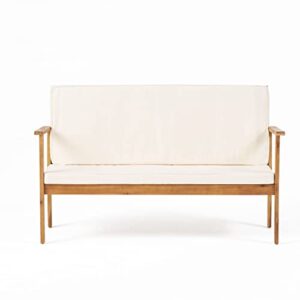 christopher knight home luciano outdoor acacia wood bench with water resistant fabric cushions, brown patina / cream