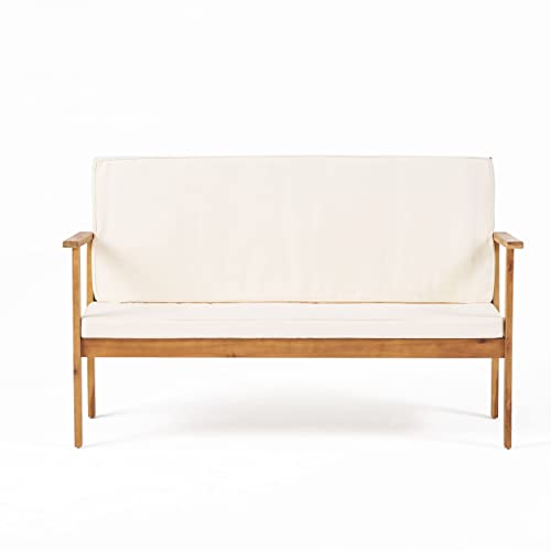 Christopher Knight Home Luciano Outdoor Acacia Wood Bench with Water Resistant Fabric Cushions, Brown Patina / Cream