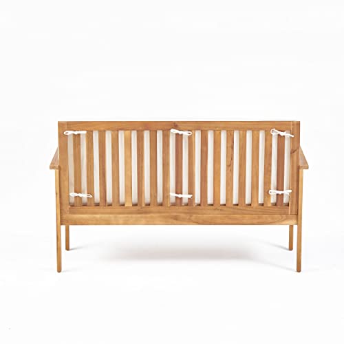 Christopher Knight Home Luciano Outdoor Acacia Wood Bench with Water Resistant Fabric Cushions, Brown Patina / Cream