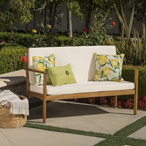 Christopher Knight Home Luciano Outdoor Acacia Wood Bench with Water Resistant Fabric Cushions, Brown Patina / Cream