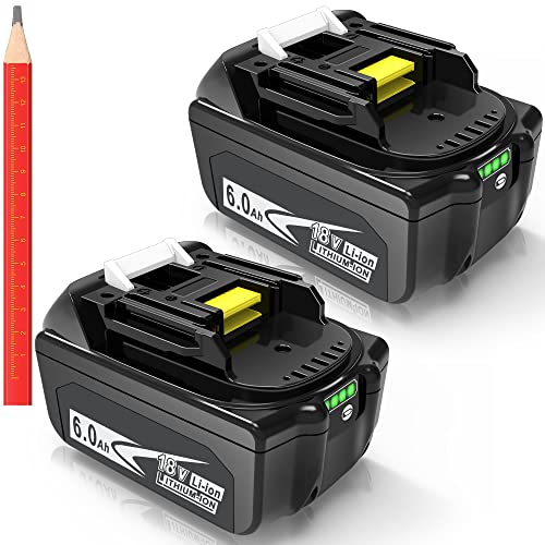 WORTHMAH BL1860 6.0Ah 18 Volt Battery Replacement for Makita 18V Battery with LED Indicator BL1815 BL1860 BL1830 BL1850B-2 LXT-400 Cordless Power Tools,2 Packs with 1 Carpenter Pencil