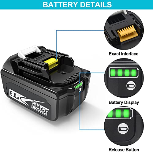 WORTHMAH BL1860 6.0Ah 18 Volt Battery Replacement for Makita 18V Battery with LED Indicator BL1815 BL1860 BL1830 BL1850B-2 LXT-400 Cordless Power Tools,2 Packs with 1 Carpenter Pencil