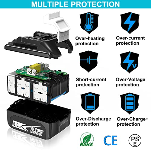 WORTHMAH BL1860 6.0Ah 18 Volt Battery Replacement for Makita 18V Battery with LED Indicator BL1815 BL1860 BL1830 BL1850B-2 LXT-400 Cordless Power Tools,2 Packs with 1 Carpenter Pencil