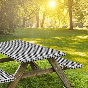 KENOBEE 8ft Picnic Table and Bench Fitted Tablecloth Cover, 96"x30" Flannel Backing Elastic Edge Waterproof Wipeable Plastic Cover Vinyl Tablecloth for Home Goods Indoor Outdoor Patio, Black-White