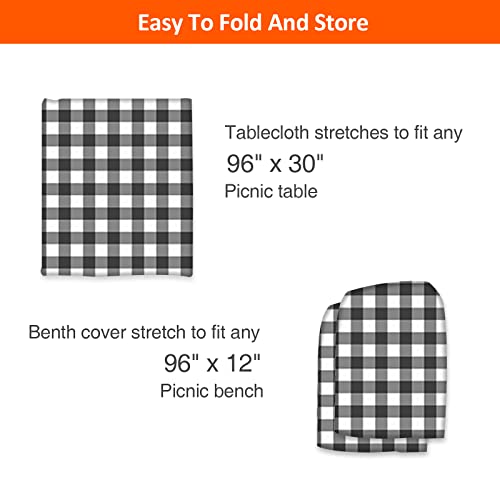 KENOBEE 8ft Picnic Table and Bench Fitted Tablecloth Cover, 96"x30" Flannel Backing Elastic Edge Waterproof Wipeable Plastic Cover Vinyl Tablecloth for Home Goods Indoor Outdoor Patio, Black-White