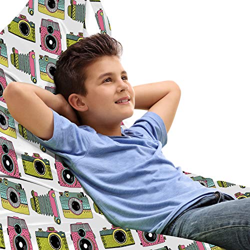 Lunarable Vintage Lounger Chair Bag, Retro Cameras in Pink and Green Colored Hipster Style Photography Themed, High Capacity Storage with Handle Container, Lounger Size, White and Multicolor