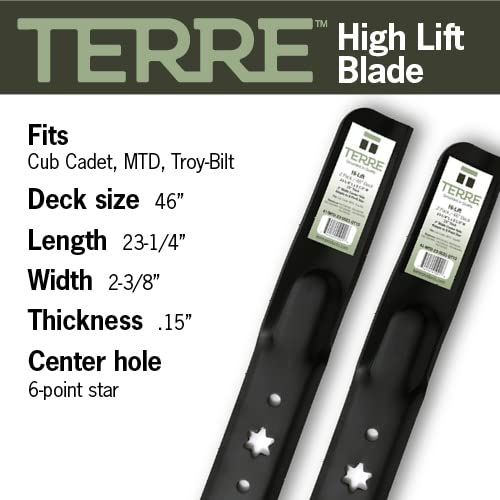 Terre Products, 2 Pack High Lift Lawn Mower Blades, 46 Inch Deck, Compatible with Trot Bilt, MTD XT1, XT2, Cub Cadet LT46, LTX1045, LTX1046, Replacement for 742-04244, 754-04244, 942-04244a, 942-04290