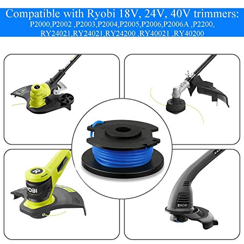 THTEN String Trimmer Spool Replacement for Ryobi One Plus AC14RL3A 18V 24V 40V 11ft 0.065" Auto Feed Cordless Weed Eater Spools Line with AC14HCA Cap Covers Parts (6 Spools, 1 Cap)