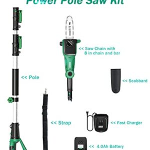 Pole Saws for Tree Trimming, KIMO 13-Foot Max. Reach Telescoping Cordless Electric Pole Saw, 20V Battery Powered Pole Chainsaw w/ 8-Inch Cutting Bar, 18ft/s Speed, Automatic Chain Lubrication System