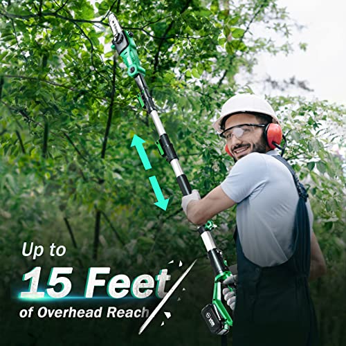 Pole Saws for Tree Trimming, KIMO 13-Foot Max. Reach Telescoping Cordless Electric Pole Saw, 20V Battery Powered Pole Chainsaw w/ 8-Inch Cutting Bar, 18ft/s Speed, Automatic Chain Lubrication System