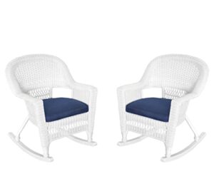 jeco rocker wicker chair with blue cushion, set of 2, white