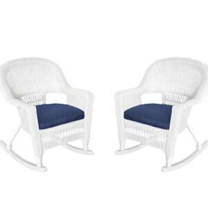 Jeco Rocker Wicker Chair with Blue Cushion, Set of 2, White