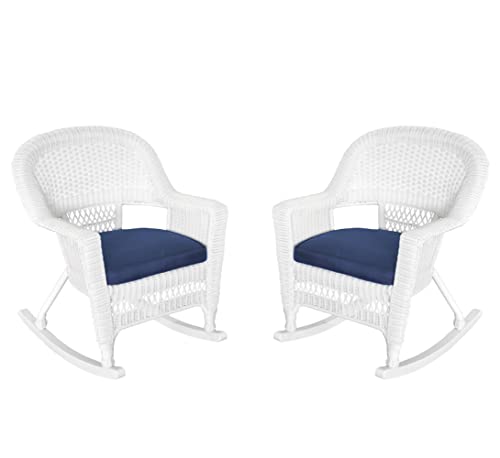 Jeco Rocker Wicker Chair with Blue Cushion, Set of 2, White