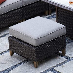 outdoor patio ottoman footstool rest with premium fabric soft removable cushion all weather rattan wicker ottoman seat with slatted steel for garden yard lawn poolside, dark brown