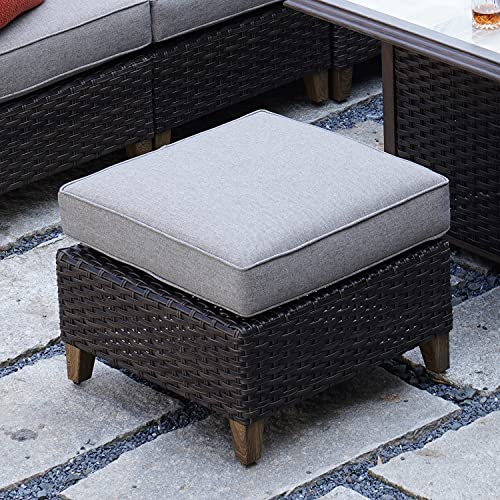 Outdoor Patio Ottoman Footstool Rest with Premium Fabric Soft Removable Cushion All Weather Rattan Wicker Ottoman Seat with Slatted Steel for Garden Yard Lawn Poolside, Dark Brown