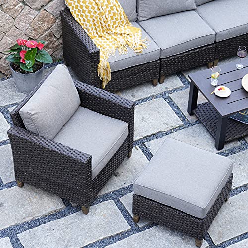 Outdoor Patio Ottoman Footstool Rest with Premium Fabric Soft Removable Cushion All Weather Rattan Wicker Ottoman Seat with Slatted Steel for Garden Yard Lawn Poolside, Dark Brown