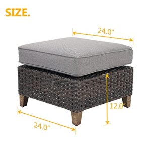 Outdoor Patio Ottoman Footstool Rest with Premium Fabric Soft Removable Cushion All Weather Rattan Wicker Ottoman Seat with Slatted Steel for Garden Yard Lawn Poolside, Dark Brown