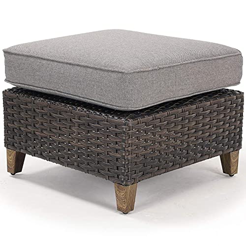 Outdoor Patio Ottoman Footstool Rest with Premium Fabric Soft Removable Cushion All Weather Rattan Wicker Ottoman Seat with Slatted Steel for Garden Yard Lawn Poolside, Dark Brown