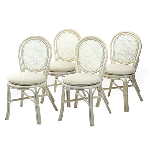 Set of 4 Denver Dining Handmade Wicker Side Chairs with Cream Cushions Natural Rattan, White Wash