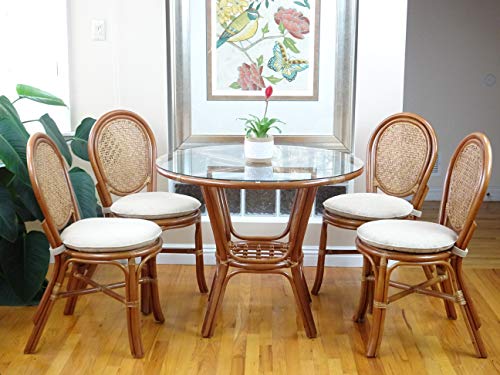 Set of 4 Denver Dining Handmade Wicker Side Chairs with Cream Cushions Natural Rattan, White Wash