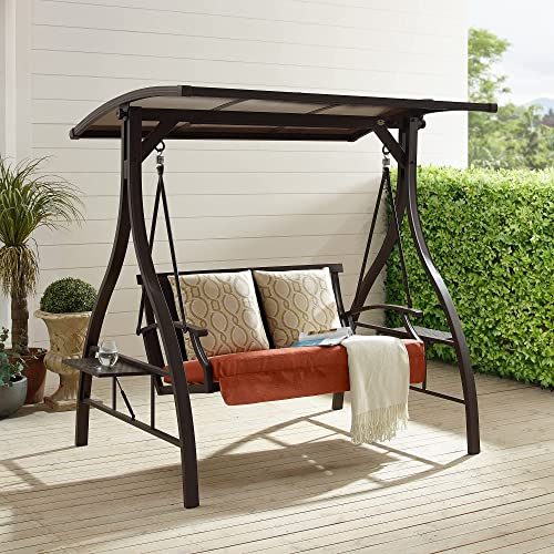 Ulax Furniture 2-Seat Outdoor Patio Swing Chair, Porch Swing Glider Chair with Convertible Canopy, Solar LED Light and Sunbrella Pillows for Poolside, Garden, Balcony, Backyard